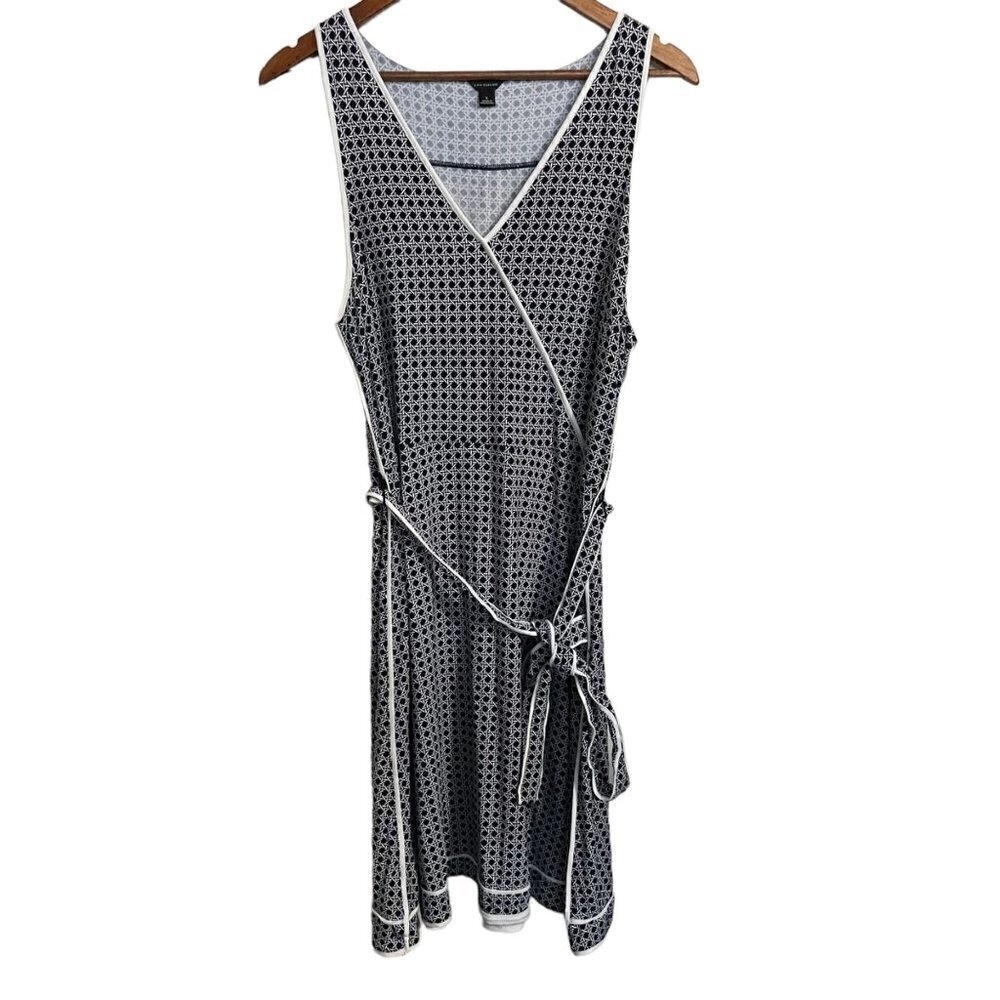 Ann Taylor Womens Black White Geometric Mod Print Sleeveless Belted Dress Large